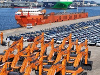 Chinese domestic cars gather at Yantai Port in Shandong Province, China, on October 28, 2024, and are exported via car transport ships. (