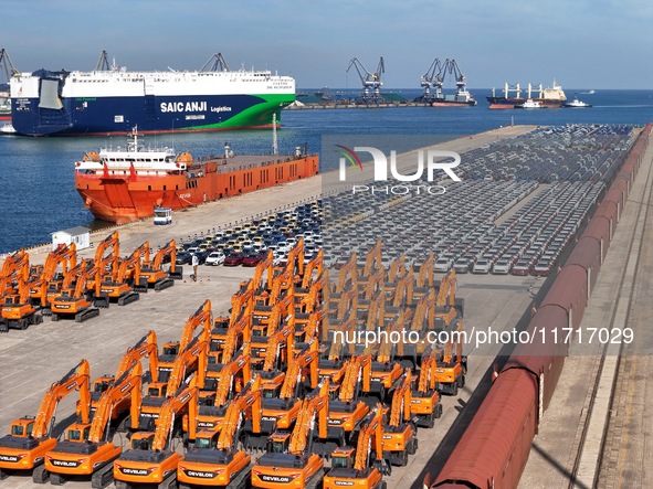 Chinese domestic cars gather at Yantai Port in Shandong Province, China, on October 28, 2024, and are exported via car transport ships. 