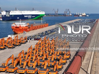 Chinese domestic cars gather at Yantai Port in Shandong Province, China, on October 28, 2024, and are exported via car transport ships. (