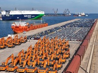 Chinese domestic cars gather at Yantai Port in Shandong Province, China, on October 28, 2024, and are exported via car transport ships. (