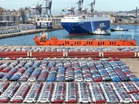 Chinese domestic cars gather at Yantai Port in Shandong Province, China, on October 28, 2024, and are exported via car transport ships. (