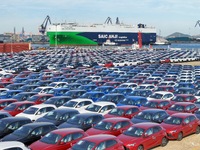 Chinese domestic cars gather at Yantai Port in Shandong Province, China, on October 28, 2024, and are exported via car transport ships. (