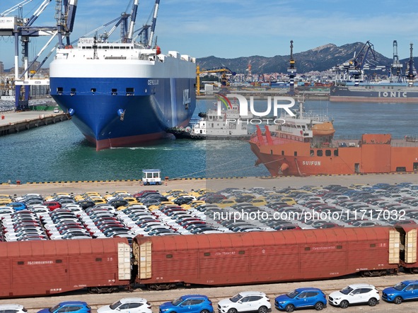 Chinese domestic cars gather at Yantai Port in Shandong Province, China, on October 28, 2024, and are exported via car transport ships. 