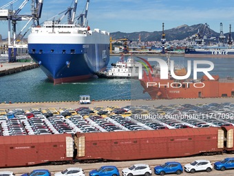 Chinese domestic cars gather at Yantai Port in Shandong Province, China, on October 28, 2024, and are exported via car transport ships. (