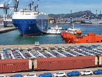 Chinese domestic cars gather at Yantai Port in Shandong Province, China, on October 28, 2024, and are exported via car transport ships. (