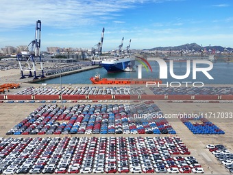 Chinese domestic cars gather at Yantai Port in Shandong Province, China, on October 28, 2024, and are exported via car transport ships. (