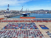 Chinese domestic cars gather at Yantai Port in Shandong Province, China, on October 28, 2024, and are exported via car transport ships. (