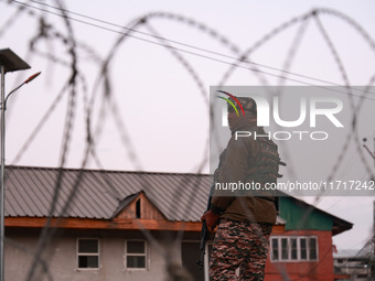 Indian soldiers stand alert while frisking vehicles and suspected persons in Baramulla, Jammu and Kashmir, India, on October 28, 2024. In th...