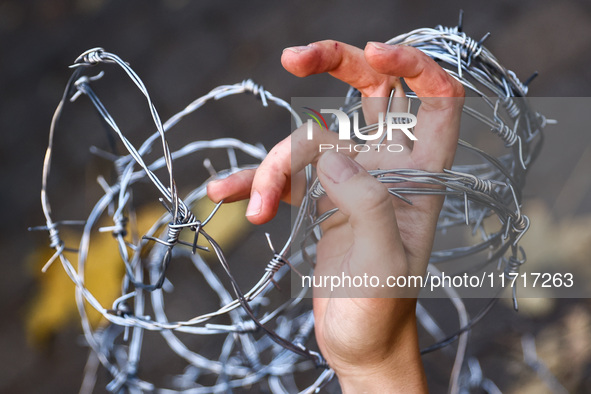 A person holds barbed wire while attending a demonstration against the Polish government's plans to suspend the right to asylum for refugees...