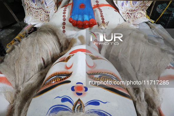 A cat rests next to the feet of an idol of the Hindu goddess Kali inside a ''pandal'' (a temporary platform), a decorated structure, ahead o...