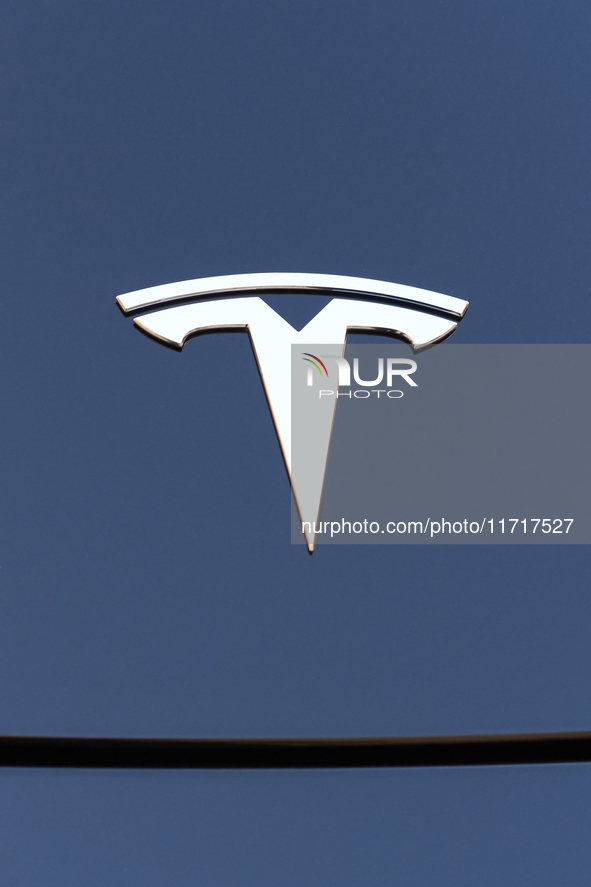 The iconic Tesla logo is displayed on the hood of a Model 3 electric car in Monopoli, Italy, on October 12, 2024. 