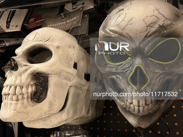 Masks display at a shop selling costumes in preparation for Halloween in Toronto, Ontario, Canada, on September 27, 2024. 