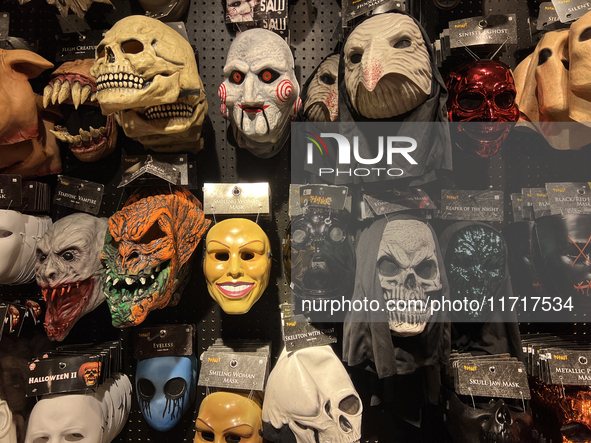 Masks display at a shop selling costumes in preparation for Halloween in Toronto, Ontario, Canada, on September 27, 2024. 