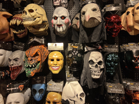 Masks display at a shop selling costumes in preparation for Halloween in Toronto, Ontario, Canada, on September 27, 2024. (