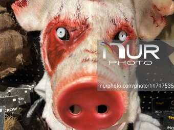 A pig mask is displayed at a shop selling costumes in preparation for Halloween in Toronto, Ontario, Canada, on September 27, 2024. (