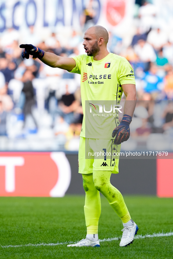 Nicola Leali of Genoa CFC gestures during the Serie A Enilive match between SS Lazio and Genoa CF at Stadio Olimpico on October 27, 2024 in...