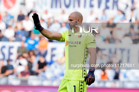 Nicola Leali of Genoa CFC gestures during the Serie A Enilive match between SS Lazio and Genoa CF at Stadio Olimpico on October 27, 2024 in...