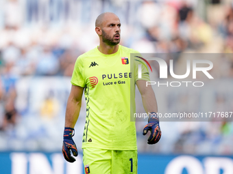 Nicola Leali of Genoa CFC looks on during the Serie A Enilive match between SS Lazio and Genoa CF at Stadio Olimpico on October 27, 2024 in...