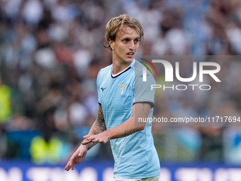 Nicolo' Rovella of SS Lazio looks on during the Serie A Enilive match between SS Lazio and Genoa CF at Stadio Olimpico on October 27, 2024 i...