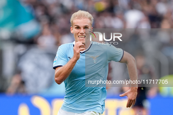 Gustav Isaksen of SS Lazio during the Serie A Enilive match between SS Lazio and Genoa CF at Stadio Olimpico on October 27, 2024 in Rome, It...