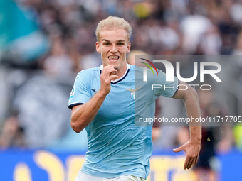 Gustav Isaksen of SS Lazio during the Serie A Enilive match between SS Lazio and Genoa CF at Stadio Olimpico on October 27, 2024 in Rome, It...