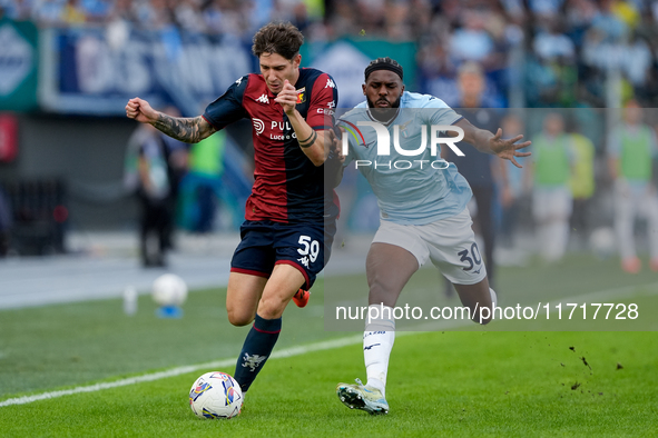 Alessandro Zanoli of Genoa CFC and Nuno Tavares of SS Lazio compete for the ball during the Serie A Enilive match between SS Lazio and Genoa...