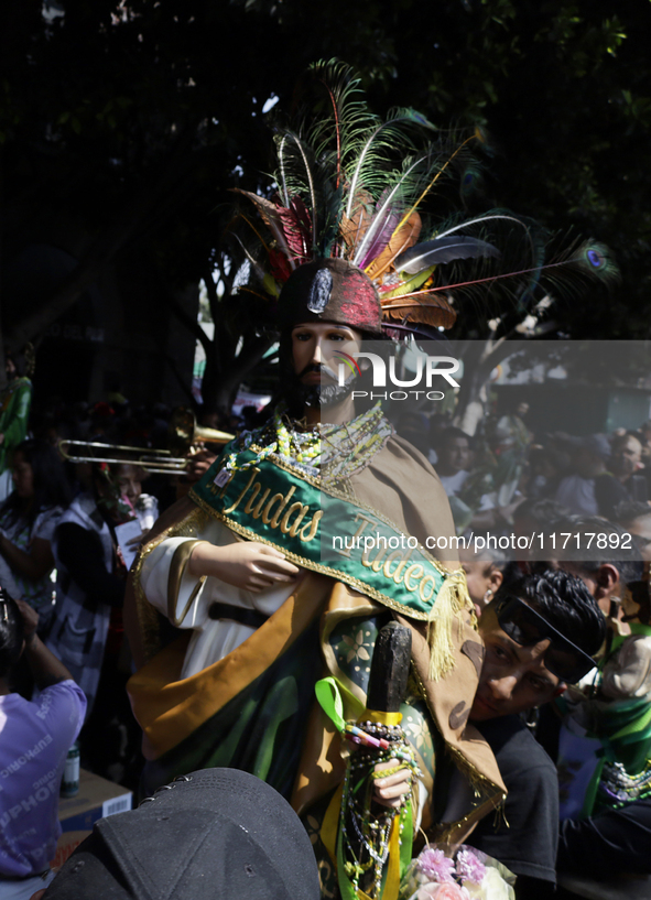 An image of Saint Jude Thaddeus is seen on October 28, 2024, outside the Church of San Hipolito in Mexico City, Mexico, where a large number...