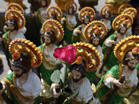 Images of Saint Jude Thaddeus are viewed on Monday, October 28, 2024, outside the Church of San Hipolito in Mexico City, Mexico, where a lar...