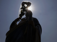 An image of Saint Jude Thaddeus is seen on October 28, 2024, outside the Church of San Hipolito in Mexico City, Mexico, where a large number...