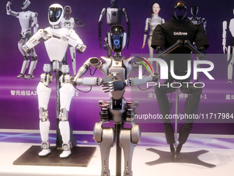 A Unitree robot dog and a model walk on the runway during Fashion Week in Shanghai, China, on October 27, 2024. (