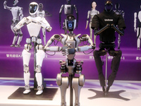 A Unitree robot dog and a model walk on the runway during Fashion Week in Shanghai, China, on October 27, 2024. (