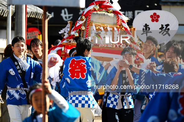 The scene of the ''Ueno Tenjin Festival'' takes place in Ueno Higashimachi, Iga City, Mie Prefecture, Japan, on October 20, 2024. Local peop...