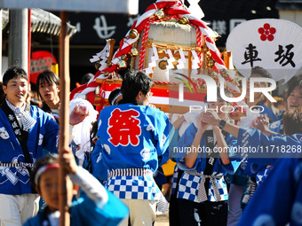 The scene of the ''Ueno Tenjin Festival'' takes place in Ueno Higashimachi, Iga City, Mie Prefecture, Japan, on October 20, 2024. Local peop...