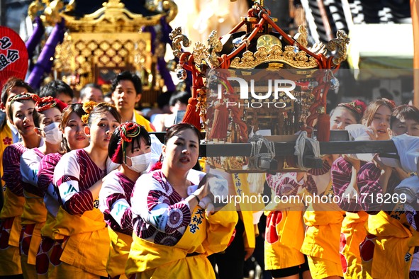 The scene of the ''Ueno Tenjin Festival'' takes place in Ueno Higashimachi, Iga City, Mie Prefecture, Japan, on October 20, 2024. Local peop...