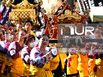 The scene of the ''Ueno Tenjin Festival'' takes place in Ueno Higashimachi, Iga City, Mie Prefecture, Japan, on October 20, 2024. Local peop...