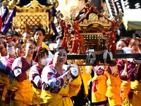 The scene of the ''Ueno Tenjin Festival'' takes place in Ueno Higashimachi, Iga City, Mie Prefecture, Japan, on October 20, 2024. Local peop...