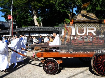 The scene of the ''Ueno Tenjin Festival'' takes place in Ueno Higashimachi, Iga City, Mie Prefecture, Japan, on October 20, 2024. Local peop...