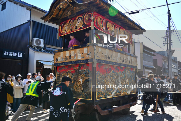 The scene of the ''Ueno Tenjin Festival'' takes place in Ueno Higashimachi, Iga City, Mie Prefecture, Japan, on October 20, 2024. Local peop...