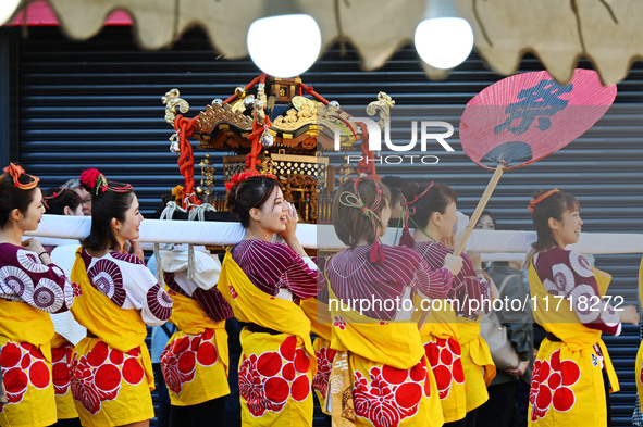 The scene of the ''Ueno Tenjin Festival'' takes place in Ueno Higashimachi, Iga City, Mie Prefecture, Japan, on October 20, 2024. Local peop...