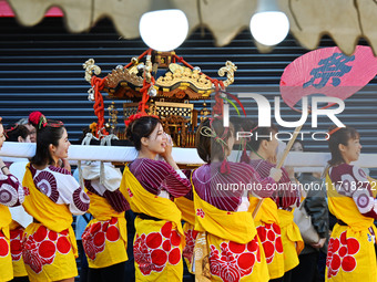 The scene of the ''Ueno Tenjin Festival'' takes place in Ueno Higashimachi, Iga City, Mie Prefecture, Japan, on October 20, 2024. Local peop...