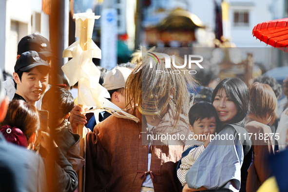 The scene of the ''Ueno Tenjin Festival'' takes place in Ueno Higashimachi, Iga City, Mie Prefecture, Japan, on October 20, 2024. Local peop...