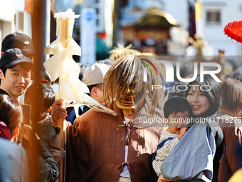 The scene of the ''Ueno Tenjin Festival'' takes place in Ueno Higashimachi, Iga City, Mie Prefecture, Japan, on October 20, 2024. Local peop...