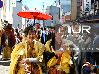 The scene of the ''Ueno Tenjin Festival'' takes place in Ueno Higashimachi, Iga City, Mie Prefecture, Japan, on October 20, 2024. Local peop...