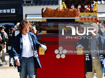 The scene of the ''Ueno Tenjin Festival'' takes place in Ueno Higashimachi, Iga City, Mie Prefecture, Japan, on October 20, 2024. Local peop...