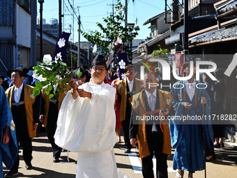 The scene of the ''Ueno Tenjin Festival'' takes place in Ueno Higashimachi, Iga City, Mie Prefecture, Japan, on October 20, 2024. Local peop...