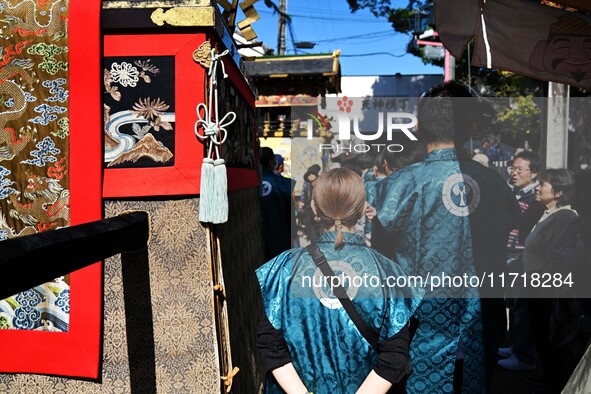 The scene of the ''Ueno Tenjin Festival'' takes place in Ueno Higashimachi, Iga City, Mie Prefecture, Japan, on October 20, 2024. Local peop...