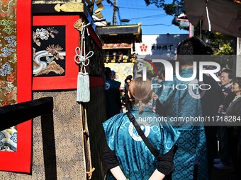 The scene of the ''Ueno Tenjin Festival'' takes place in Ueno Higashimachi, Iga City, Mie Prefecture, Japan, on October 20, 2024. Local peop...