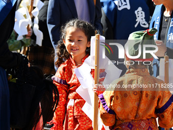 The scene of the ''Ueno Tenjin Festival'' takes place in Ueno Higashimachi, Iga City, Mie Prefecture, Japan, on October 20, 2024. Local peop...