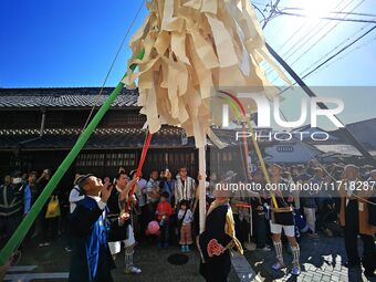 The scene of the ''Ueno Tenjin Festival'' takes place in Ueno Higashimachi, Iga City, Mie Prefecture, Japan, on October 20, 2024. Local peop...