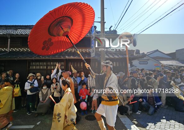 The scene of the ''Ueno Tenjin Festival'' takes place in Ueno Higashimachi, Iga City, Mie Prefecture, Japan, on October 20, 2024. Local peop...